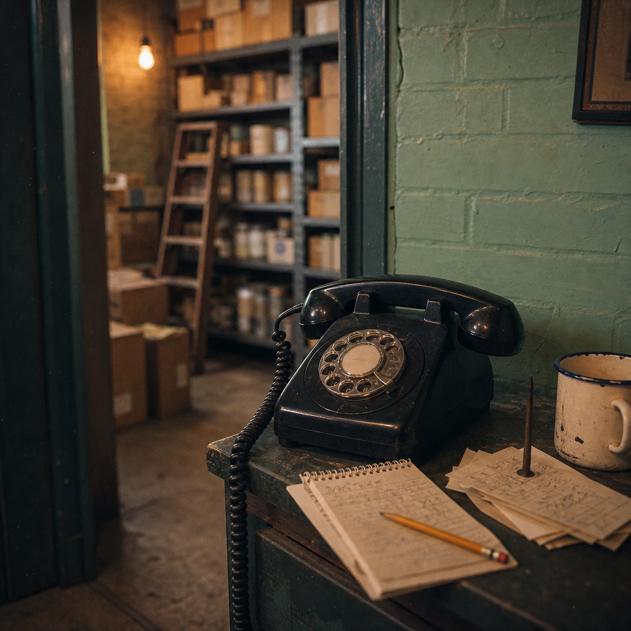 A black rotary dial desk telephone.
