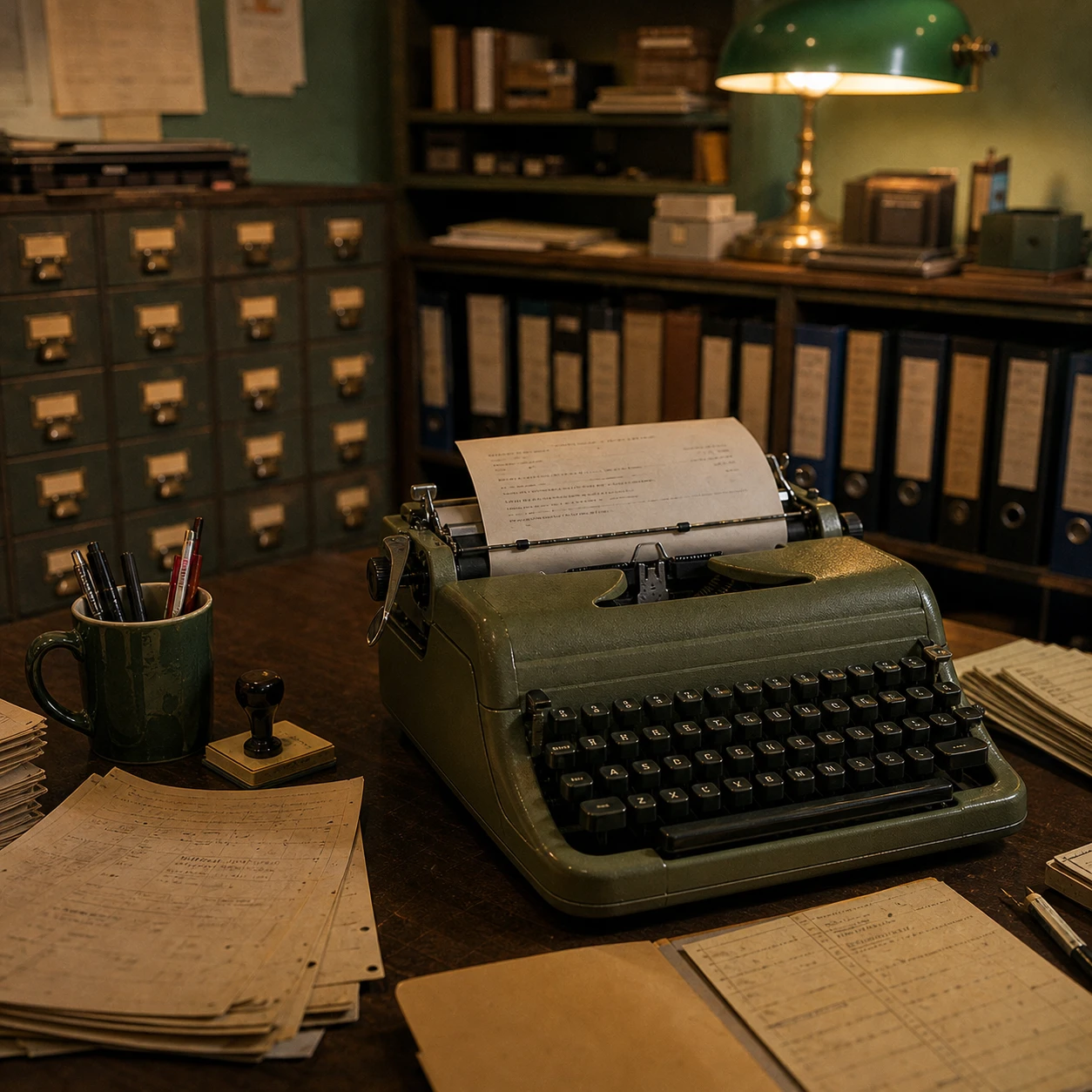 An olive-green metal portable typewriter with an invoice in the roller.