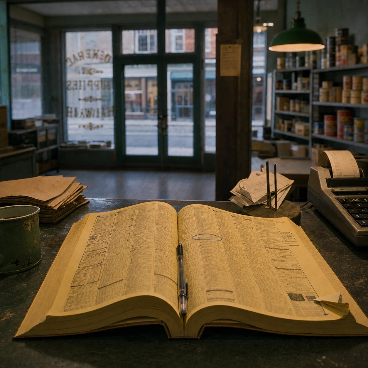 A business phone directory open with a listing circled.
