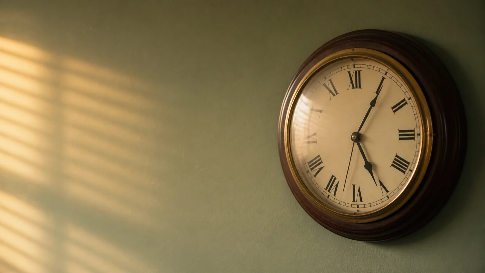 An old wooden wall clock with Roman numerals reading just past five, late light falling across the wall.