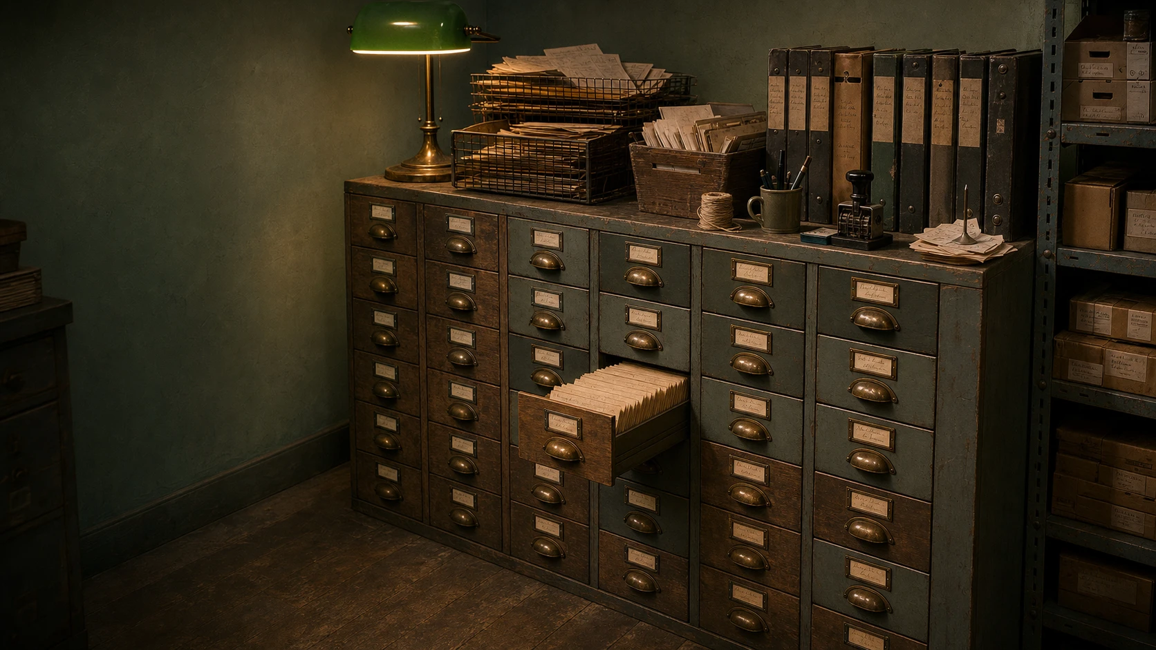 The shop records corner: a bank of card-index filing drawers with handwritten labels, wire trays of invoices, ledgers and a lit banker lamp.